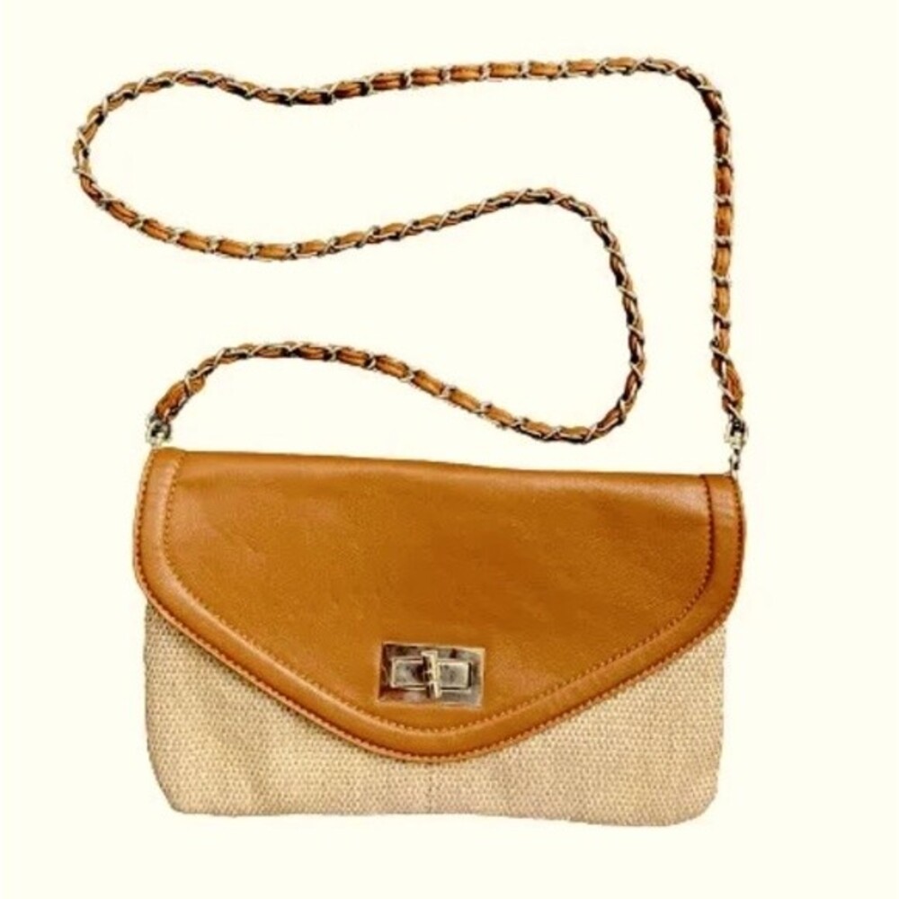 Apt 9 Womens Straw & Brown Leather Front Envelope Chain Strap Shoulder Bag NWOT